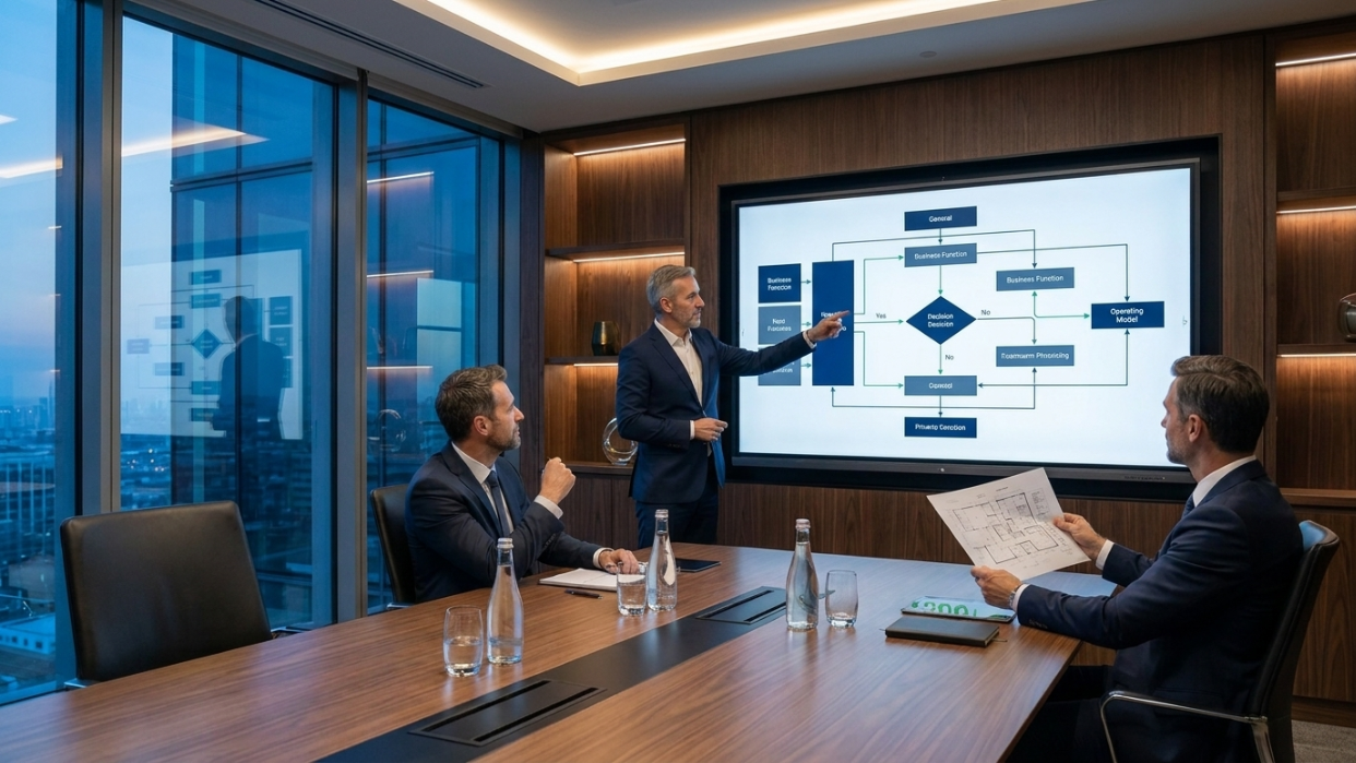 Team working on a digital operating model in a modern office