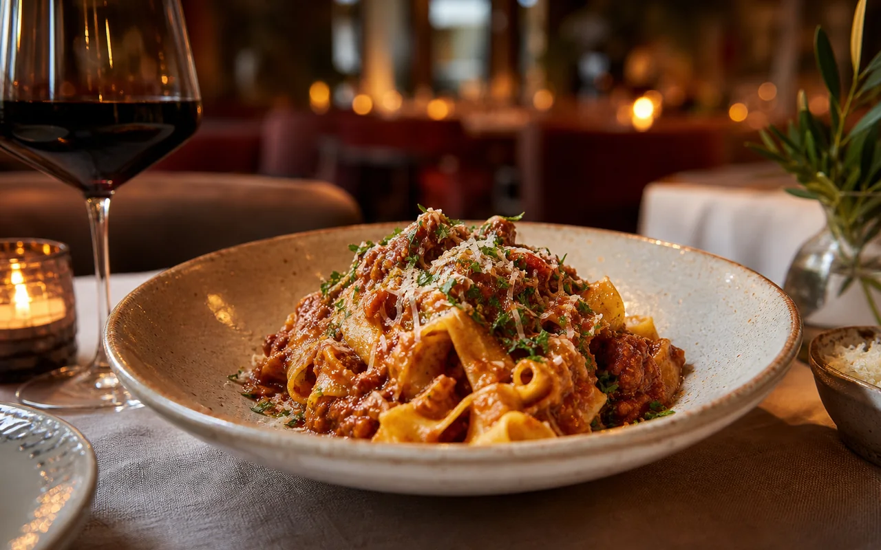 Hausgemachte Pasta in einem warm beleuchteten Restaurant