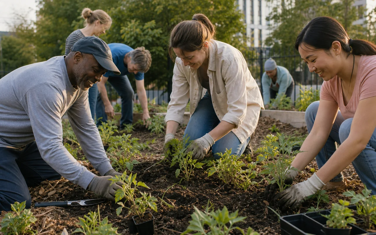 Freiwillige bepflanzen gemeinsam einen Nachbarschaftsgarten